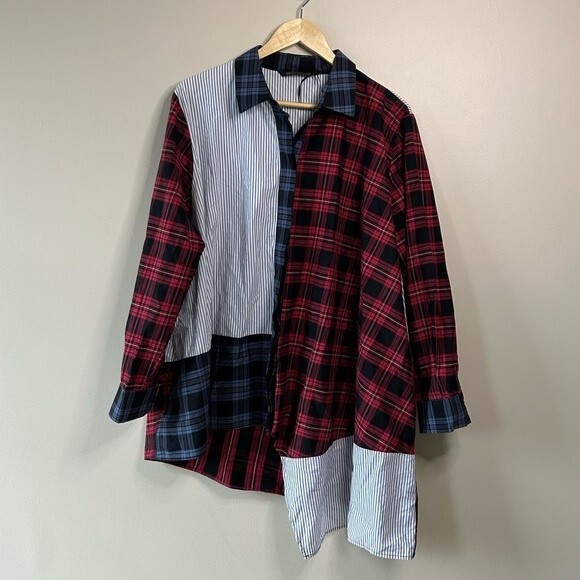 Zara Patchwork Multicolor Plaid Asymetrical Hem Button Down Shirt 2XL - Picture 2 of 6
